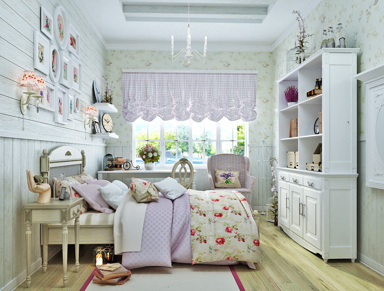 Детская прованс с модульной мебелью для девочек, интерьер комнаты ребенка во французском стиле для мальчика, шторы, люстра, шкаф и диван в дизайне помещения