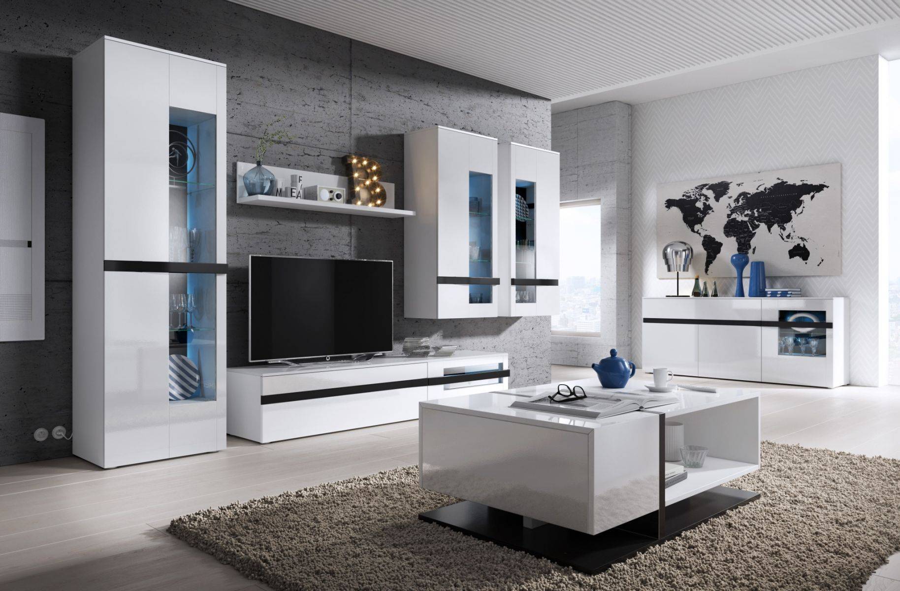 Глянцевые стенки в гостиную: мебель белая в зал, фото фасадов и поверхности, эмаль серый металлик, слоновая кость