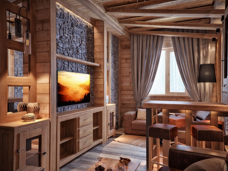 Гостиная в стиле шале – фото интерьера в загородном доме с камином и в квартире